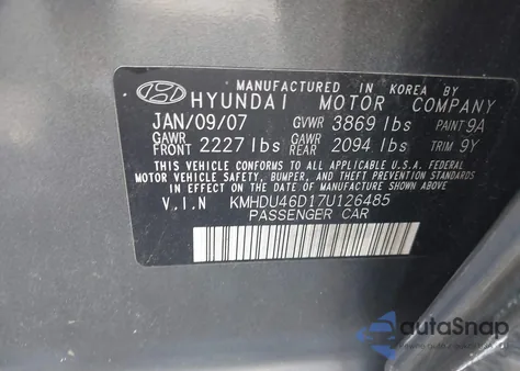 2007 Hyundai Elantra Gls/Limited/Se из США, поврежденный, VIN KMHDU46D17U126485